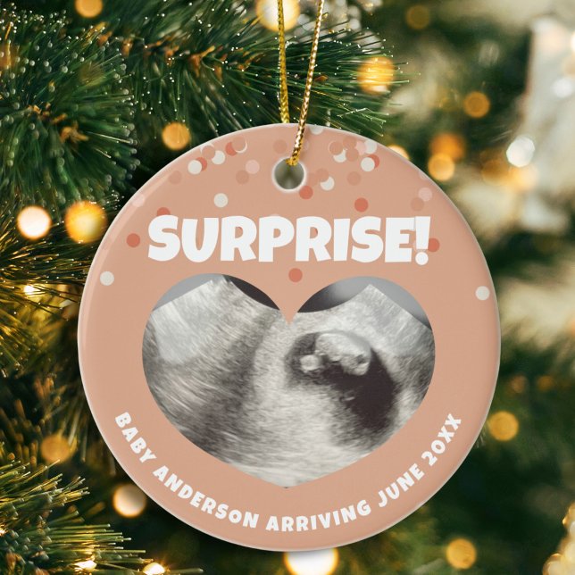 Ultrasound Pregnancy Announcement Surprise Heart Ceramic Ornament ("surprise" baby announcement ornament with heart sonogram ultrasound picture custom name and date)