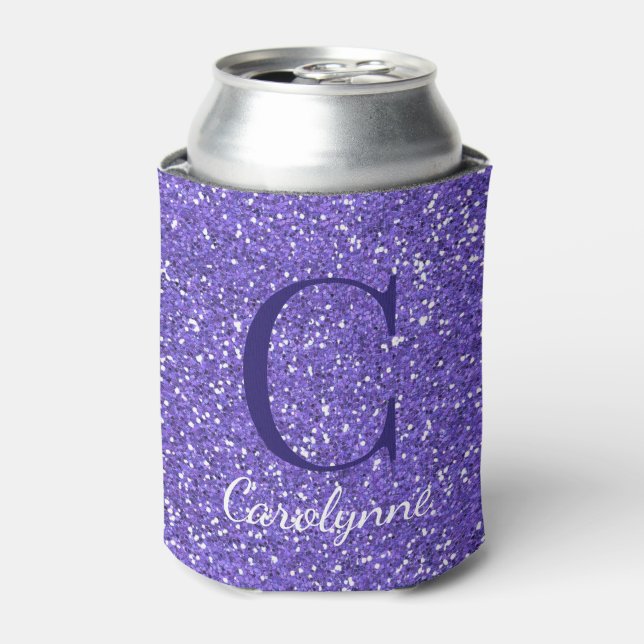 Ultraviolet Purple Sparkle Glitter Monogram Can Cooler (Can Front)