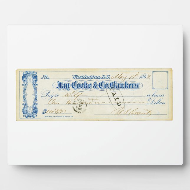 Ulysses S. Grant Signed Check from May 17th 1867 Plaque (Front)