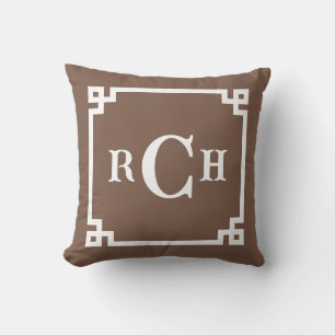 Umber Brown Reverse Chinoiserie Greek Key Monogram Throw Pillow