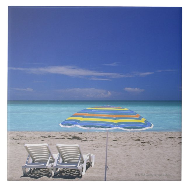 Umbrella and two lounge chairs on beach, Miami Tile (Front)
