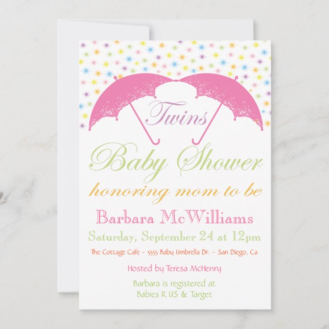 Umbrella Baby Girl Twins Douche Invitations (Devant)