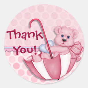 Umbrella Bear Pink Baby Thank You Classic Round Sticker
