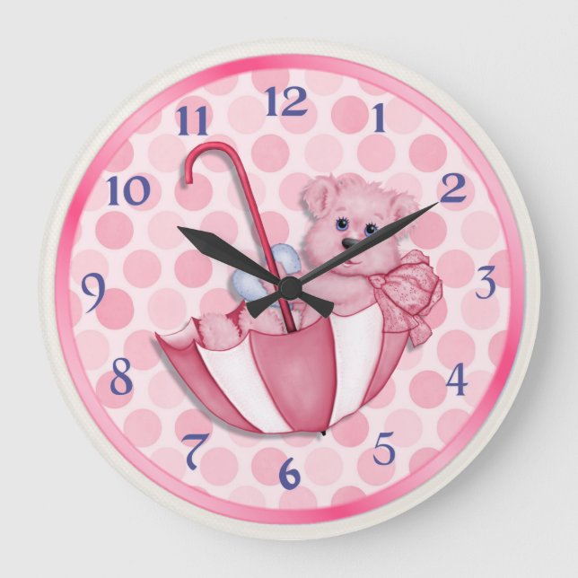 Umbrella Bear Pink Large Clock (Front)