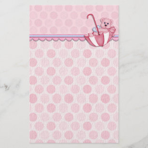 Umbrella Bear Pink Polka Dots Baby Stationery