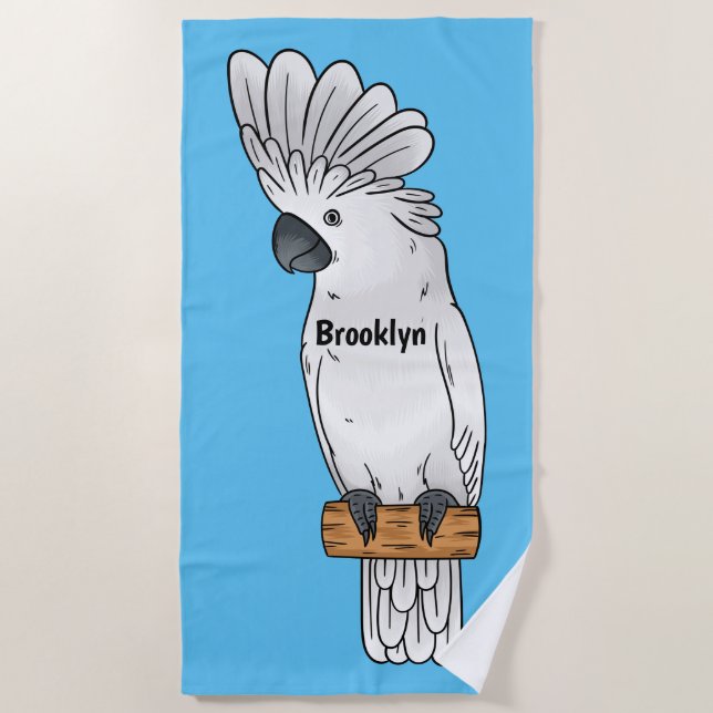 Umbrella cockatoo bird cartoon illustration beach towel (Front)