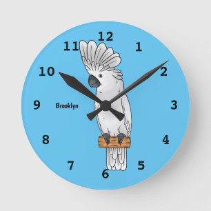 Umbrella cockatoo bird cartoon illustration round clock