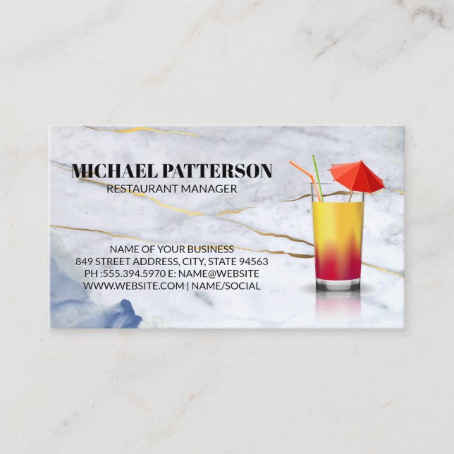 Umbrella Cocktail | Blue Gold Marble Business Card (Front)