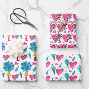 Umbrella Girl Watercolor Hearts Flowers Pattern Wrapping Paper Sheet