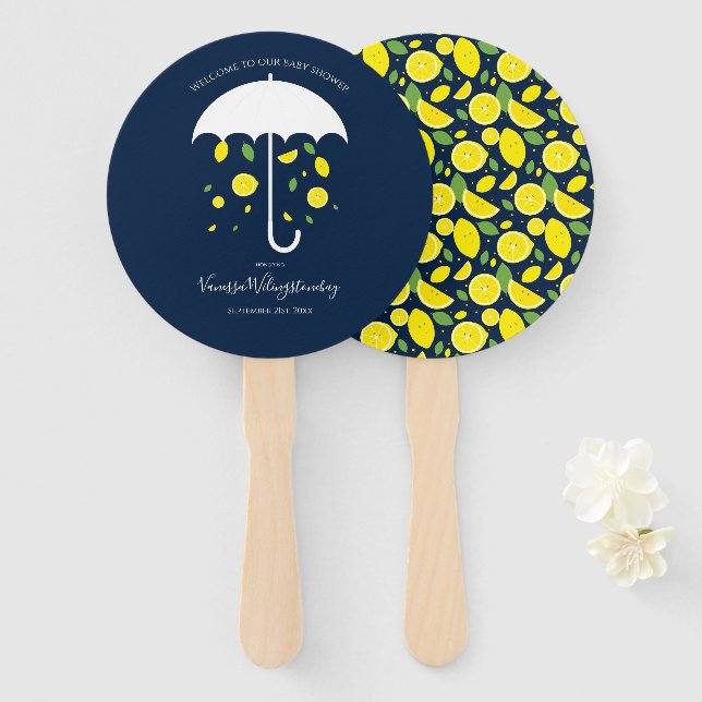 Umbrella Lemons Blue Cartoon Baby Shower Hand Fan (Front and Back)