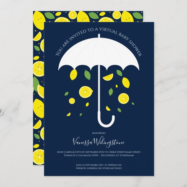 Umbrella Lemons Blue White Virtual Baby Shower Invitation (Front/Back)