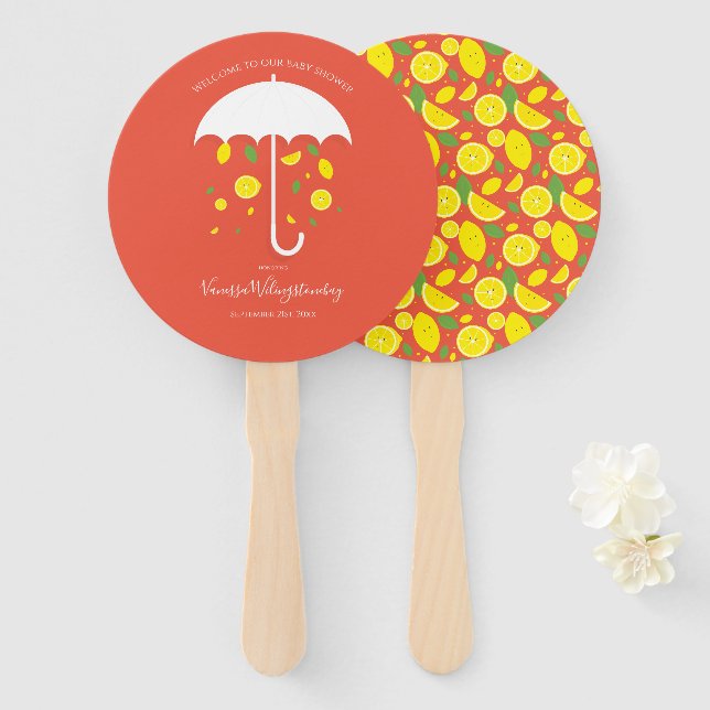 Umbrella Lemons Orange Red Cartoon Baby Shower Hand Fan (Front and Back)