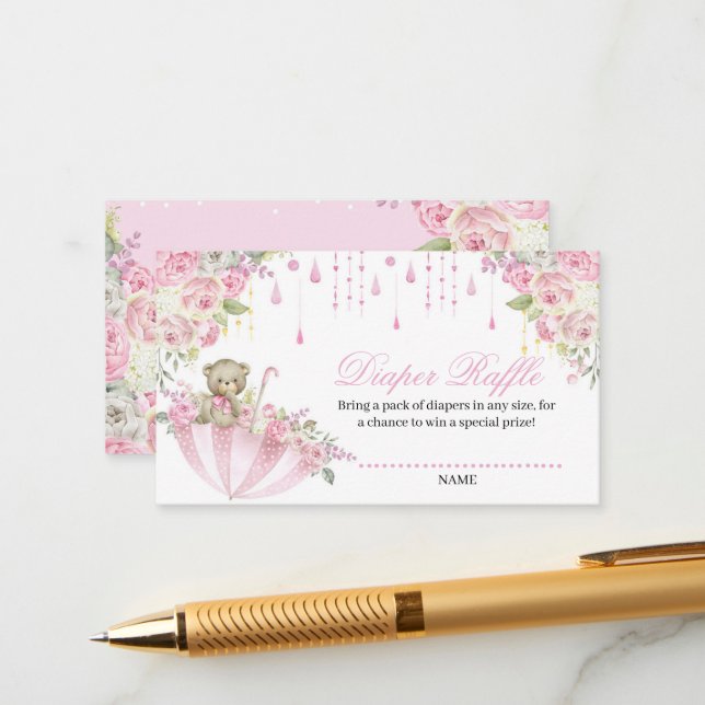 Umbrella Sprinkle Baby Teddy Bear Diaper Raffle En Enclosure Card (Front/Back In Situ)