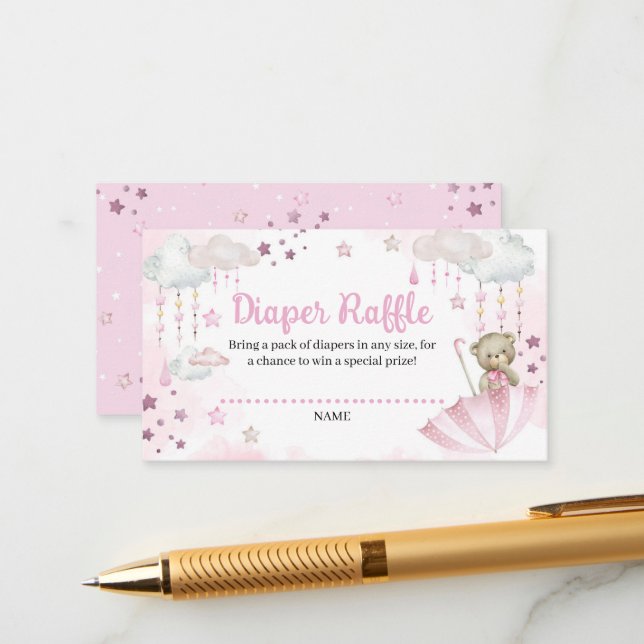 Umbrella Sprinkle Baby Teddy Bear Diaper Raffle Enclosure Card (Front/Back In Situ)