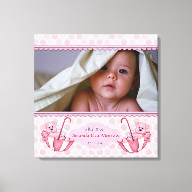 Umbrella Teddy Bear Polka Baby Canvas Print (Front)