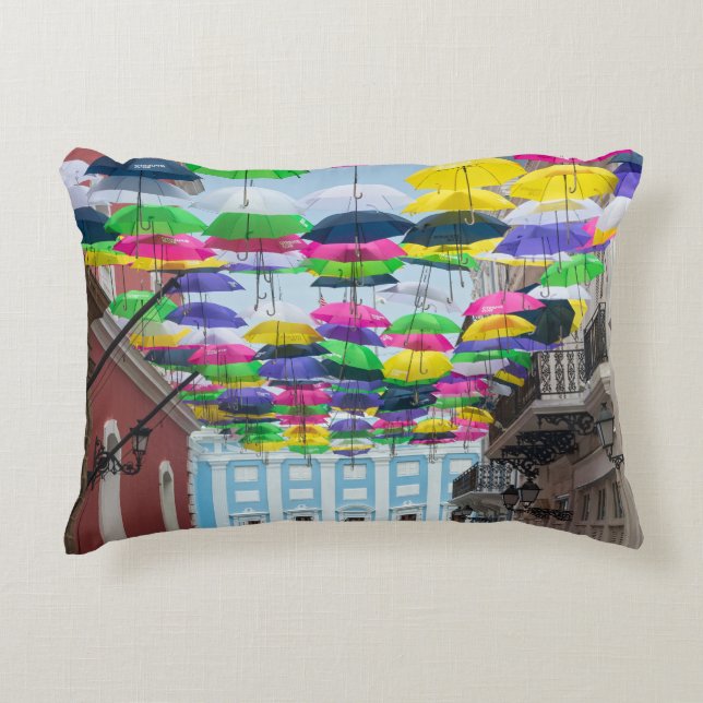 Umbrellas Above San Juan Streets and Mansion Accent Pillow (Front)