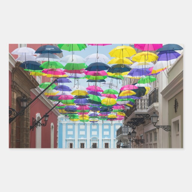 Umbrellas Above San Juan Streets and Mansion Sticker (Front)