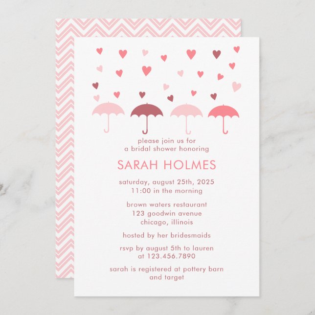 Umbrellas and Hearts Bridal Shower Invitation (Front/Back)