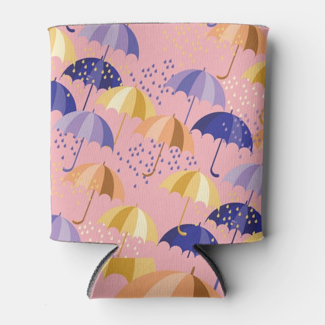 Umbrellas, drops, colourful seamless motif. can cooler (Front)