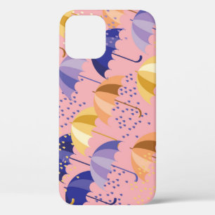 Umbrellas, drops, colourful seamless motif. iPhone 12 case