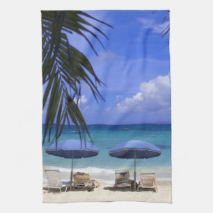 umbrellas on beach, St. Maarten, Caribbean Kitchen Towel