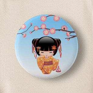 Ume Kokeshi Doll - Japanese Geisha Girl Blue 2 Inch Round Button