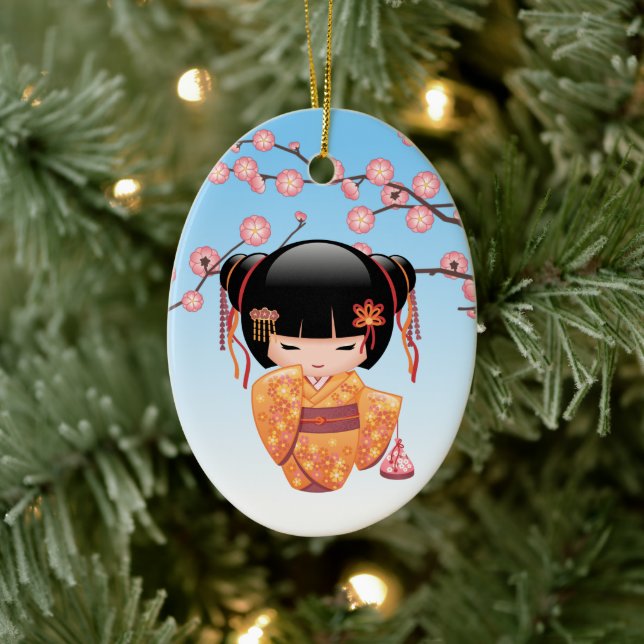 Ume Kokeshi Doll - Japanese Geisha Girl Blue Ceramic Ornament (Tree)