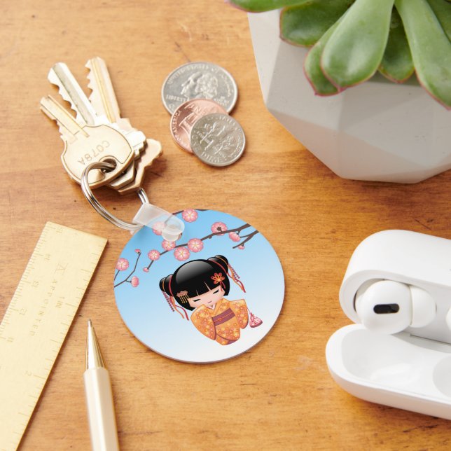 Ume Kokeshi Doll - Japanese Geisha Girl Blue Keychain (Desk)