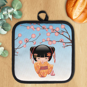 Ume Kokeshi Doll - Japanese Geisha Girl Blue Pot Holder