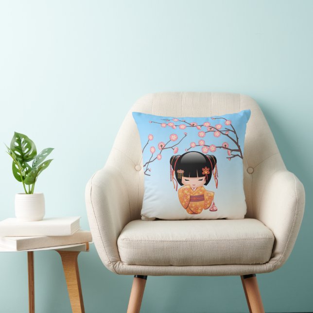 Ume Kokeshi Doll - Japanese Geisha Girl Blue Throw Pillow (Chair)