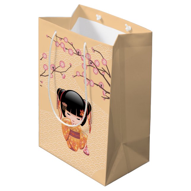Ume Kokeshi Doll - Japanese Geisha Girl Yellow Medium Gift Bag (Back Angled)