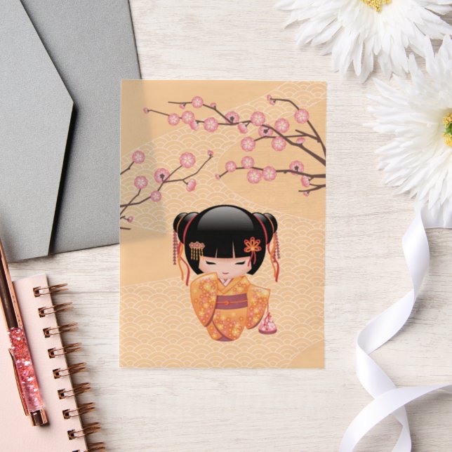 Ume Kokeshi Doll Japanese Geisha Yellow Insert Vellum Invitations (Wedding)