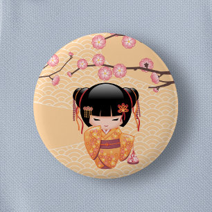 Ume Kokeshi Doll - Japanese Peach Geisha Girl 2 Inch Round Button