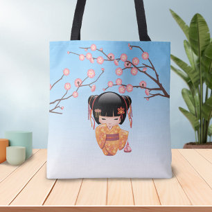 Ume Kokeshi Doll - Japanese Plum Geisha Girl Blue Tote Bag