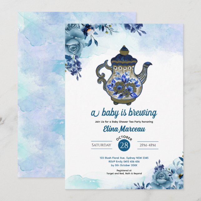 Un bébé brasse du thé Baby shower Invitation (Devant / Derrière)