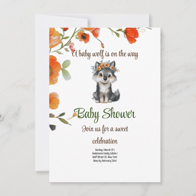 Un bébé loup est en route - Invitation Baby shower (Devant)