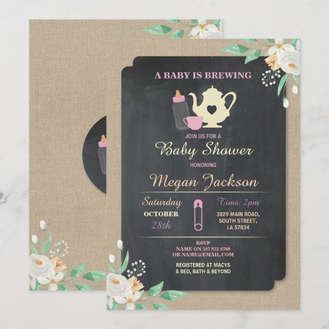 UN BÉBÉ RAFRAÎCHE UN Invitation À Thé Rose Douche (Devant / Derrière)