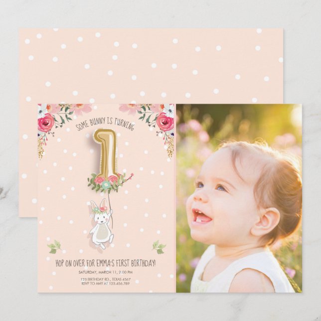 Un Bunny Invitation Anniversaire Fille Premier Ros (Devant / Derrière)