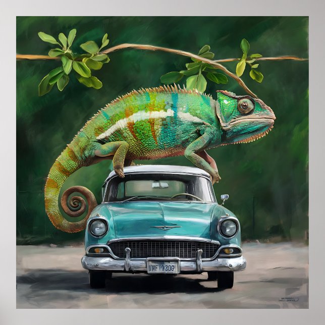 Un caméléon perché sur une voiture dans un tableau (Devant)
