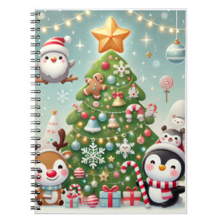 un carnet avec un arbre de Noël et un caractère am