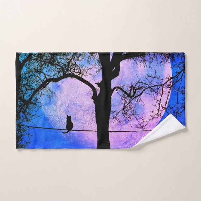 Un chat noir sur une Pleine lune de fil (Serviette à main)