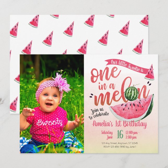 Un dans invitation d'anniversaire de pastèque de (Devant / Derrière)