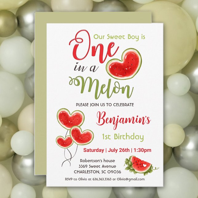 Un dans un Melon 1er anniversaire Invitation garço (One in a melon 1st Birthday invitation. Available also in pink for a girl :))