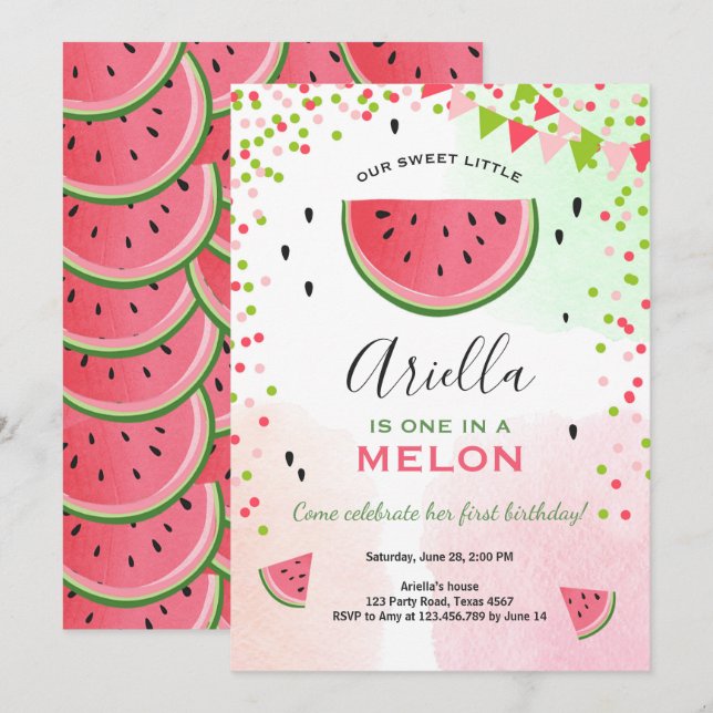 Un dans un melon Invitation Anniversaire Watermelo (Devant / Derrière)