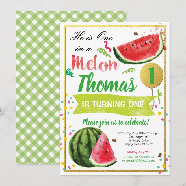 Un dans une invitation de premier anniversaire de  (Devant / Derrière)