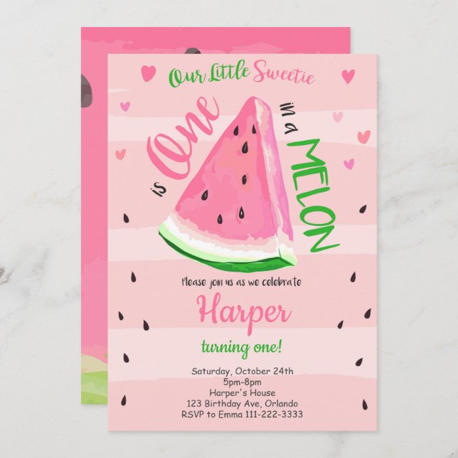 Un dans une pastèque rose melon Invitation d'anniv (Devant / Derrière)