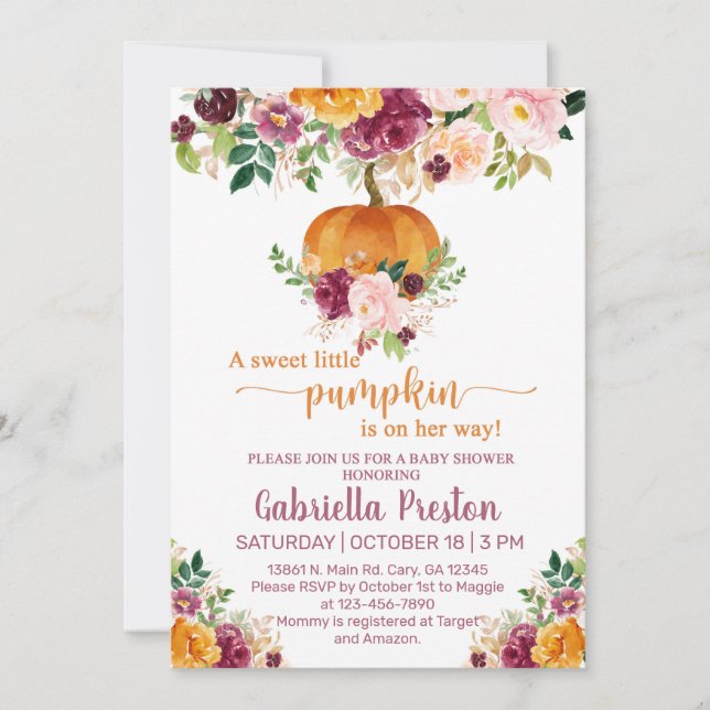 Un doux petit invitation baby shower citrouille. (Devant)