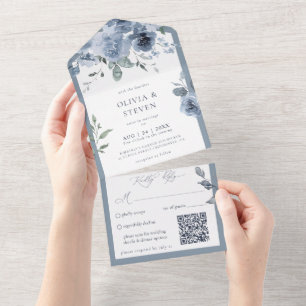 Un Dusty Blue Floral QR Code Tout en une invitation