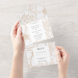 Un Fleurs Dorées Mariage Moderne Invitation Tout En U