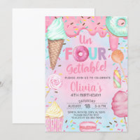 Un-four-gettable sweets girl 4th birthday invite.